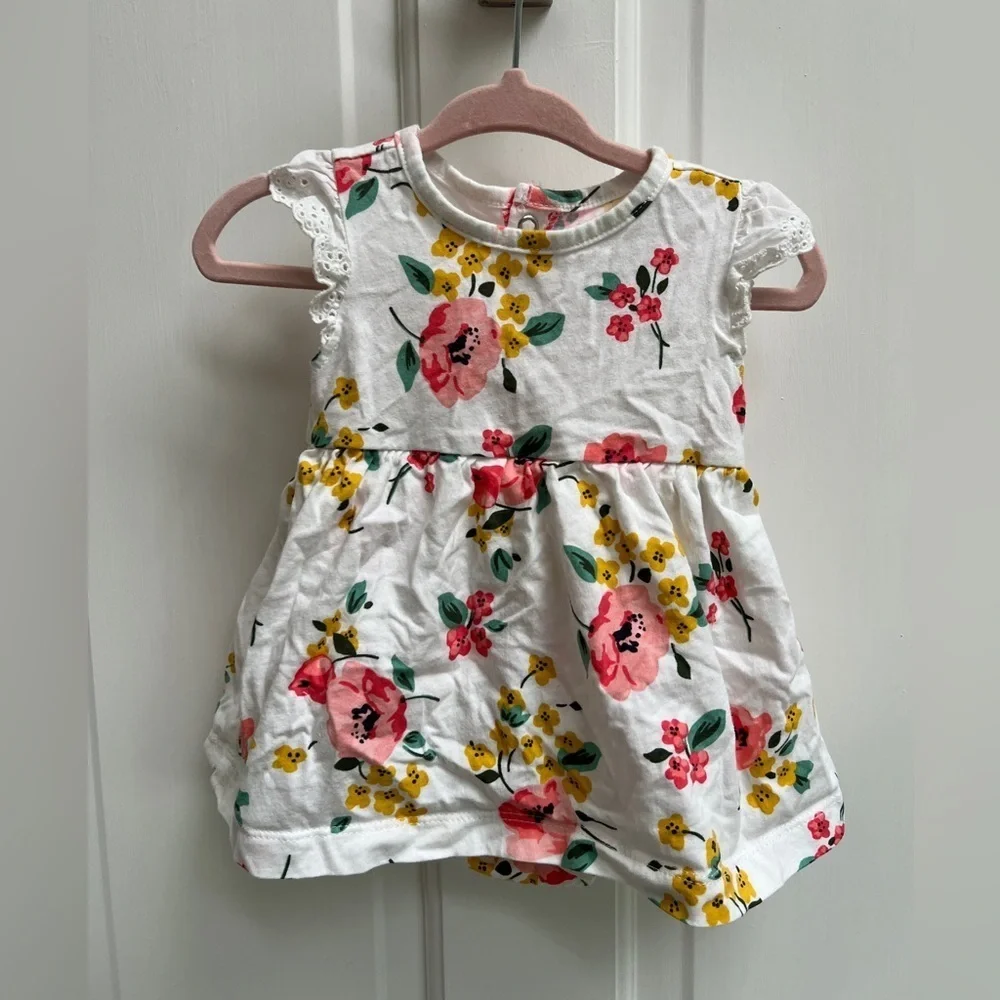 Carter’s 3M White, Pink and Yellow Floral Girls Dress with Snap Closure
